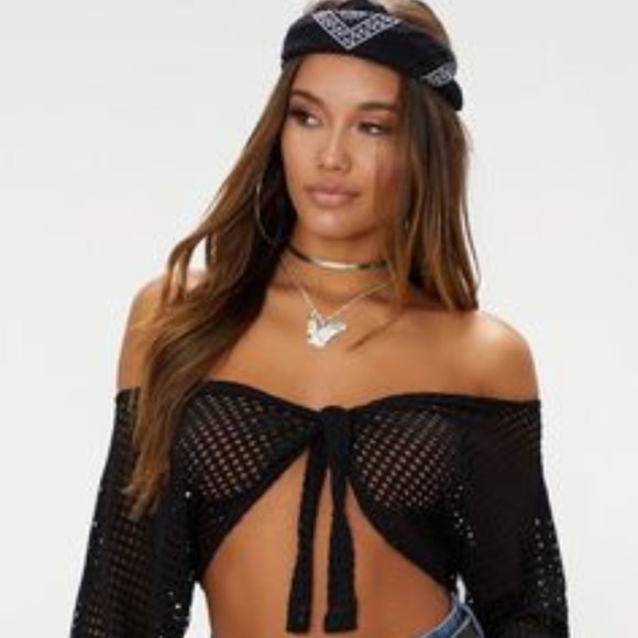 Pretty Little Thing BNWT | Size 10 | Black Fishnet Bardot Tie Front Crop Top - Picture 2 of 9